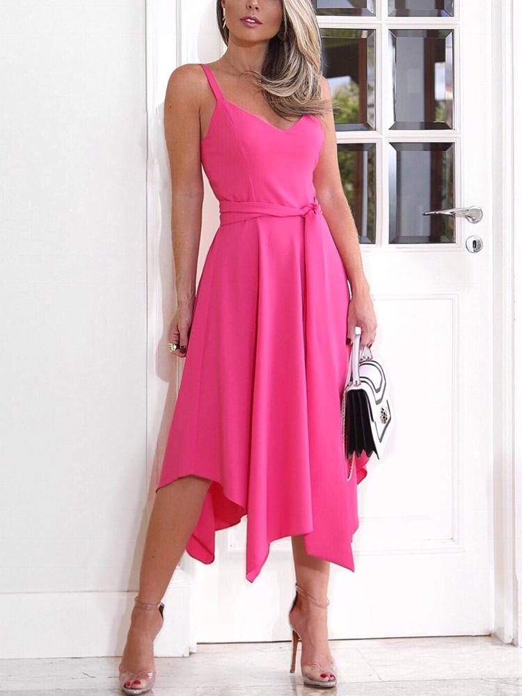 Solid Spaghetti Strap Irregular Hem Dress