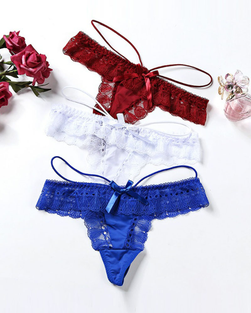 

Bowknot Decor Floral Lace Thong Panty, Blue