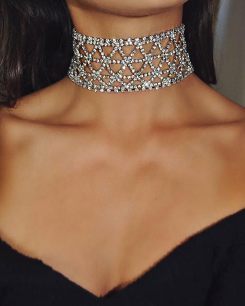 

Rhinestone Decor Wide Choker, Silver