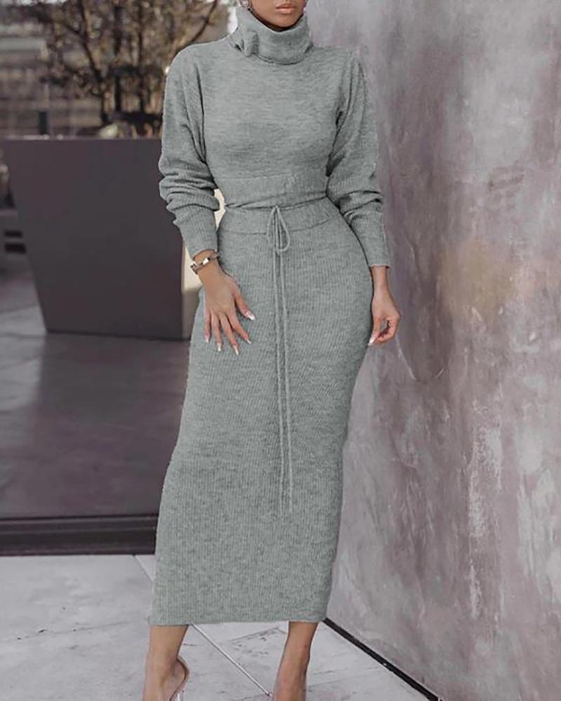 

High Neck Long Sleeve Drawstring Knit Casual Dress, Gray