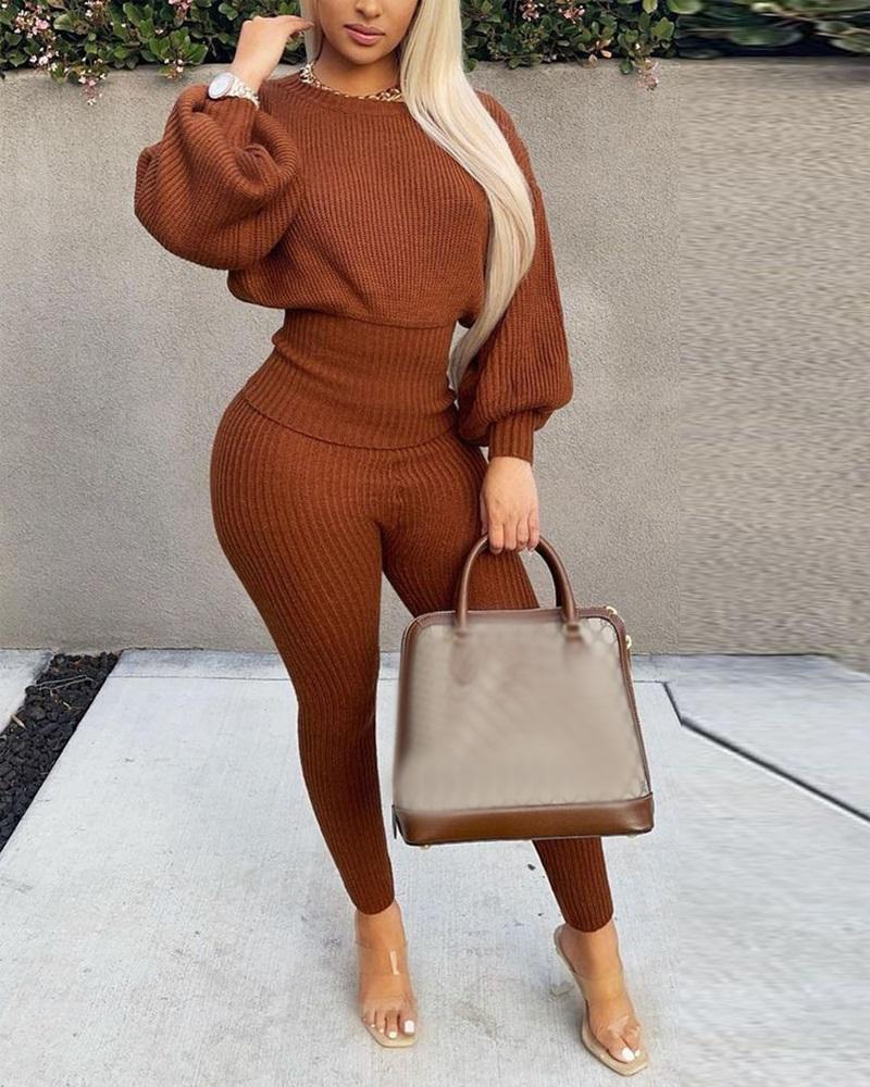 

Lantern Sleeve Sweater & Pants Set, Brown