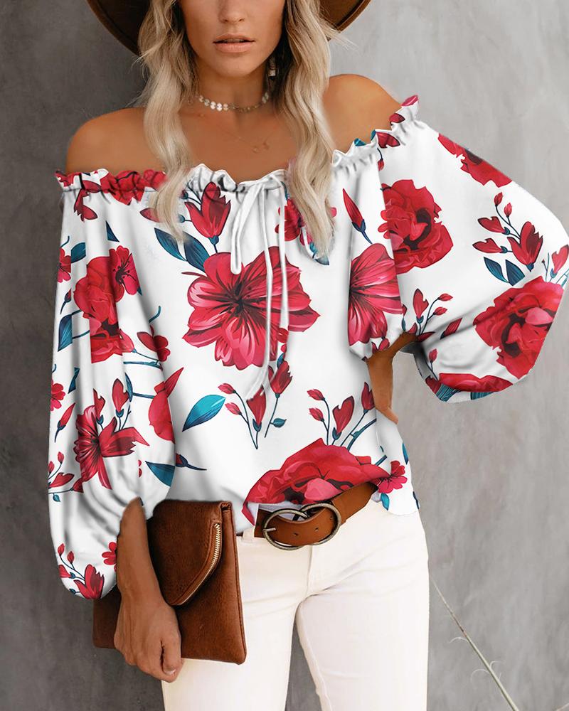 

Off Shoulder Frill Hem Floral Print Top, Red