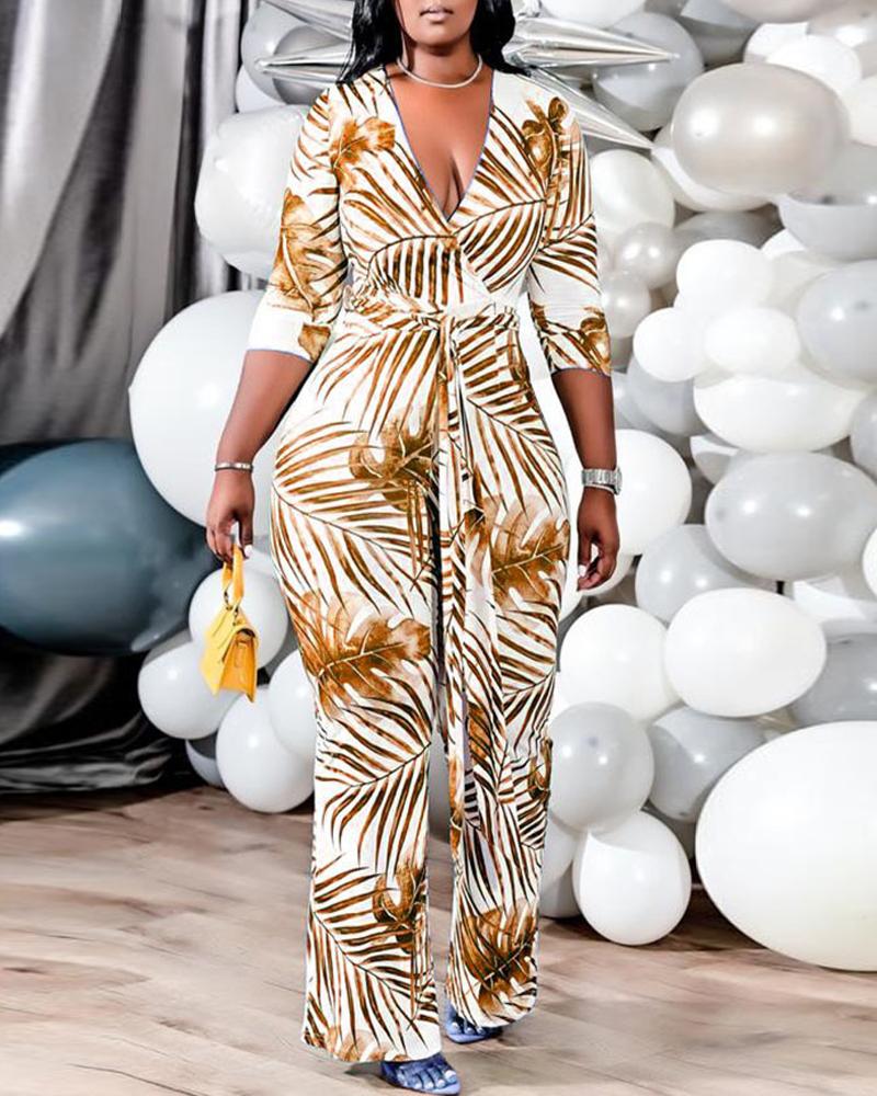 

Plus Size Tropical Print Long Sleeve Jumpsuit, Yellow