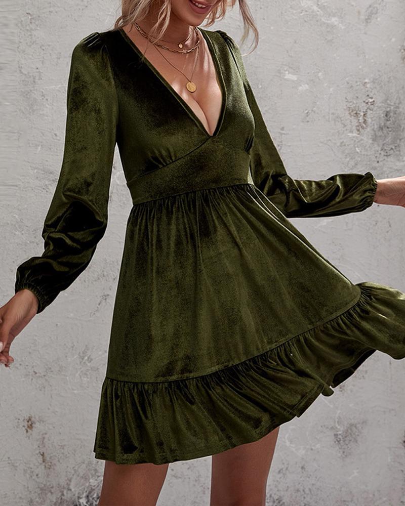 

Plain Puff Sleeve Plunge Ruffle Hem Dress, Green