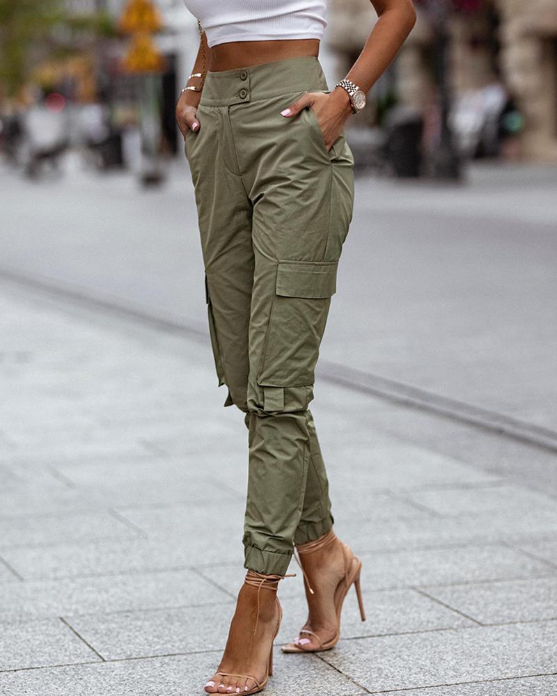 

High Waist Pocket Button Design Cargo Pants, Army green