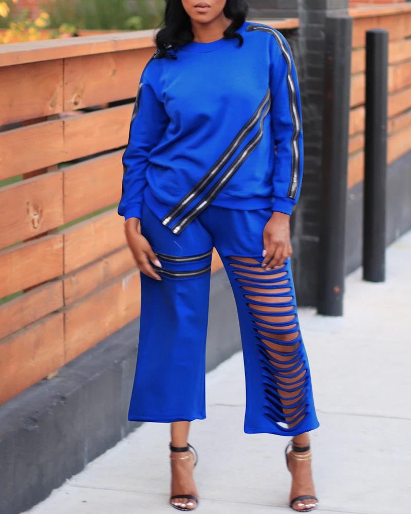 

Zipper Design Long Sleeve Top & Ladder Cutout Cropped Pants Set, Dark blue