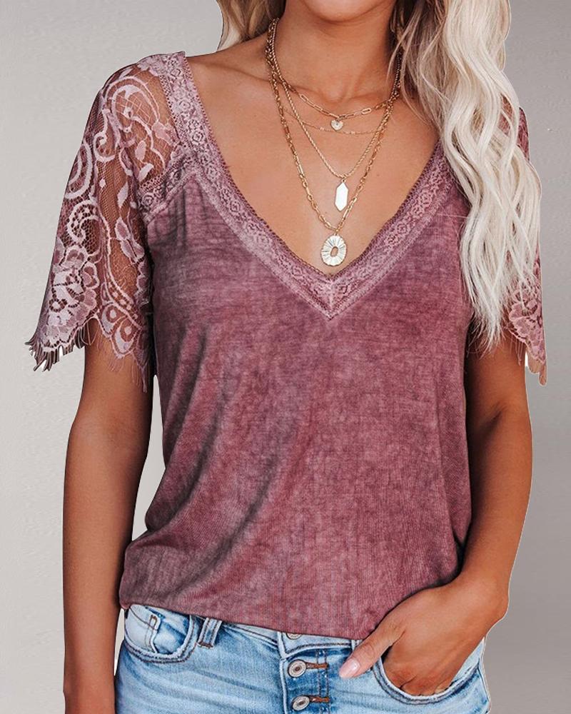

Contrast Lace V-Neck Short Sleeve T-shirt, Pink