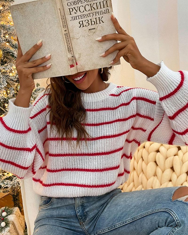 

Christmas Striped Lantern Sleeve Chunky Knit Sweater, White