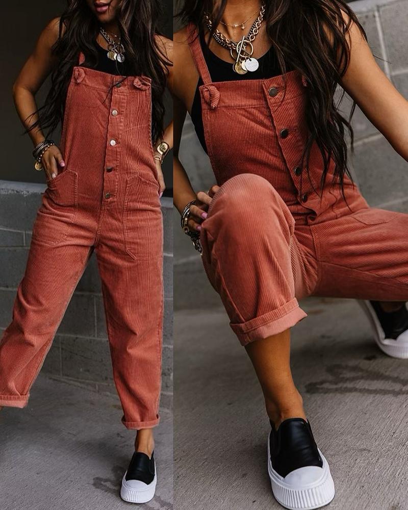 

Buttoned Pocket Design Suspender Jumpsuit, Dark red