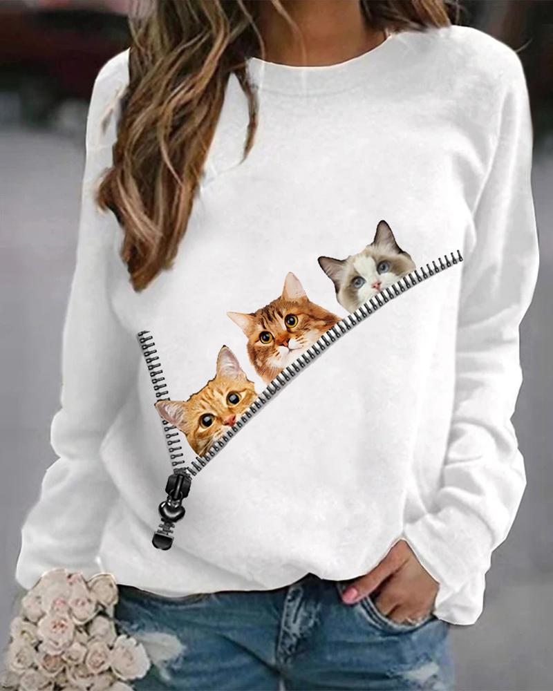 

Cat Print Long Sleeve Casual Top, White