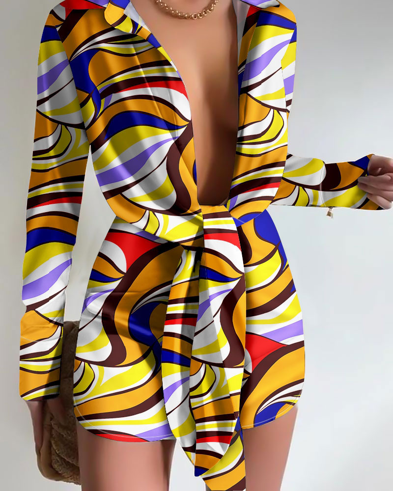 

Abstract Print Tied Detail Long Sleeve Shirt Dress, Multicolor