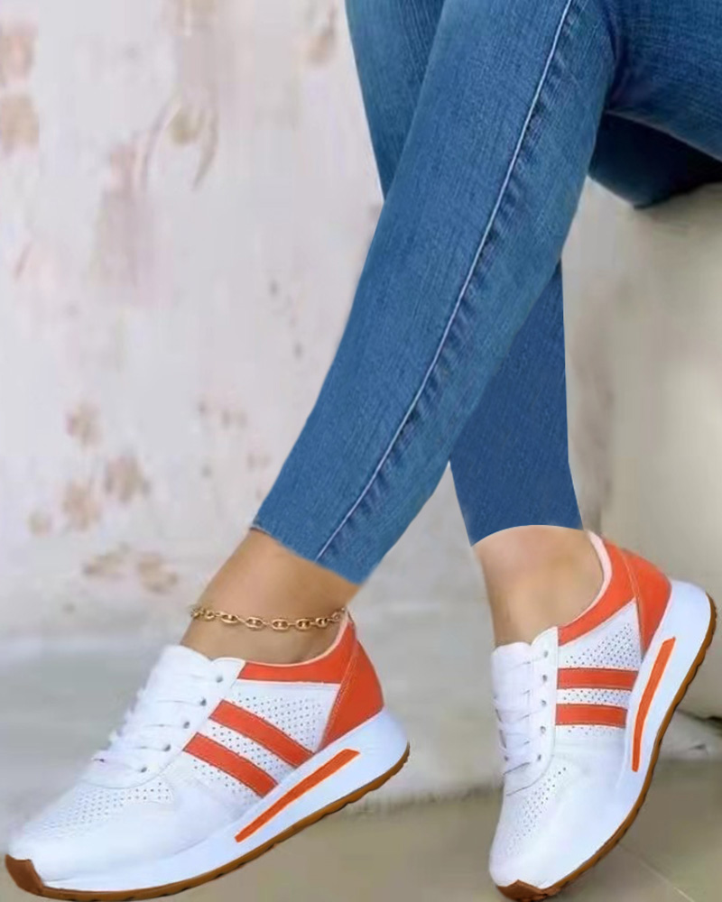 

Colorblock Lace-up Casual Sneakers, White&orange