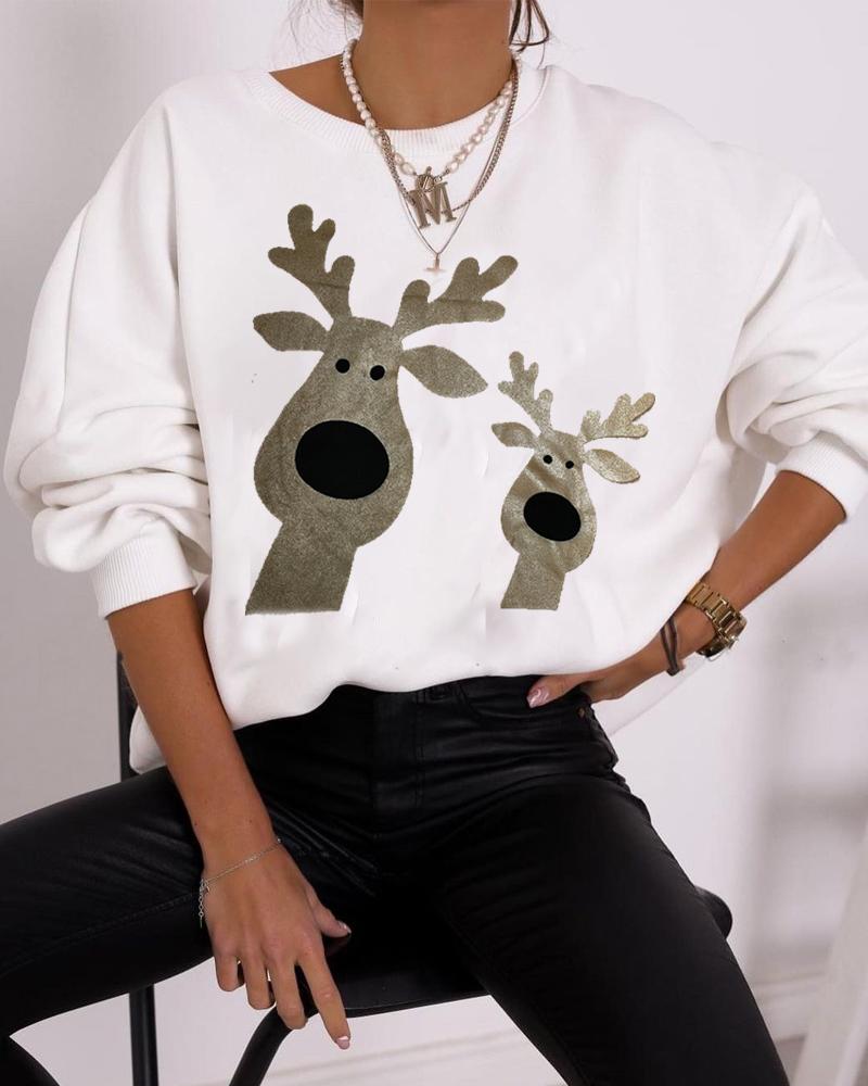 

Christmas Cartoon Elk Metallic Long Sleeve Sweatshirt, White