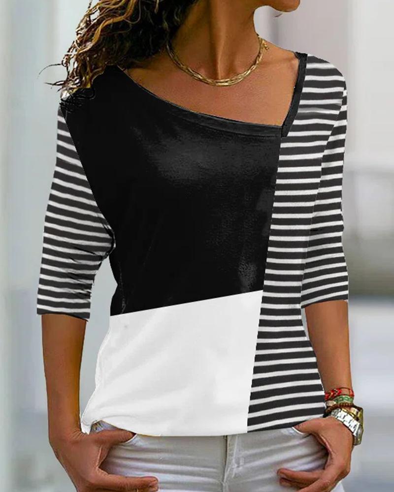 

Colorblock Striped Asymmetrical Neck Top, Black