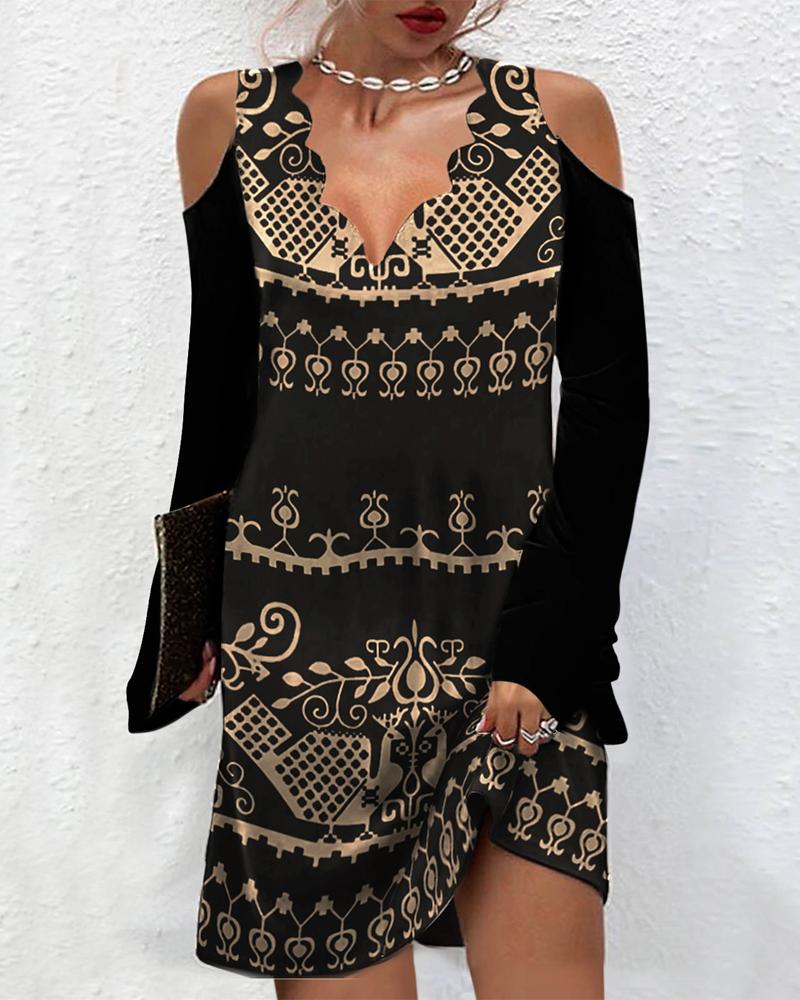 

Tribal Print Cold Shoulder Casual Dress, Black