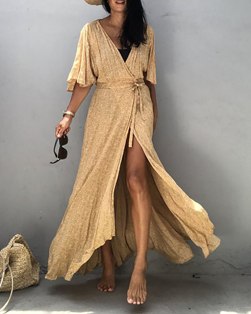 

High Slit Half Sleeve Cover Up Dress, Khaki