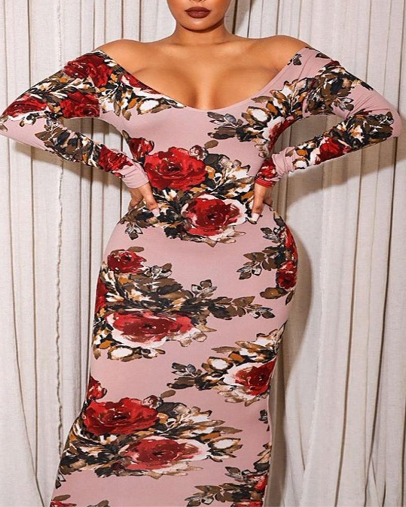 

Plus Size Floral Print Off Shoulder Bodycon Dress, Pink