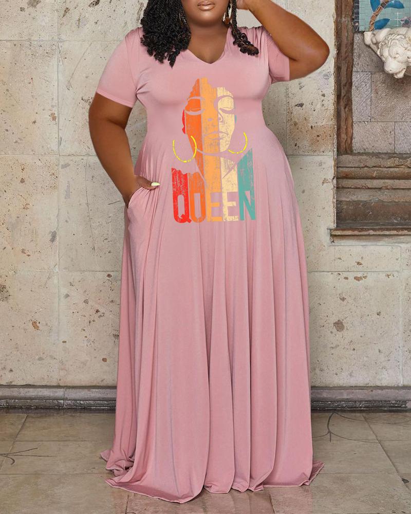 

Plus Size Figure Letter Print Pocket Detail Maxi Dress, Pink
