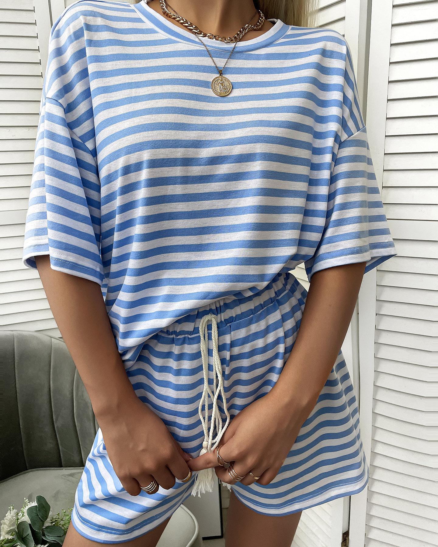 

Striped Print Colorblock Tassel Design Drawstring Top, Blue