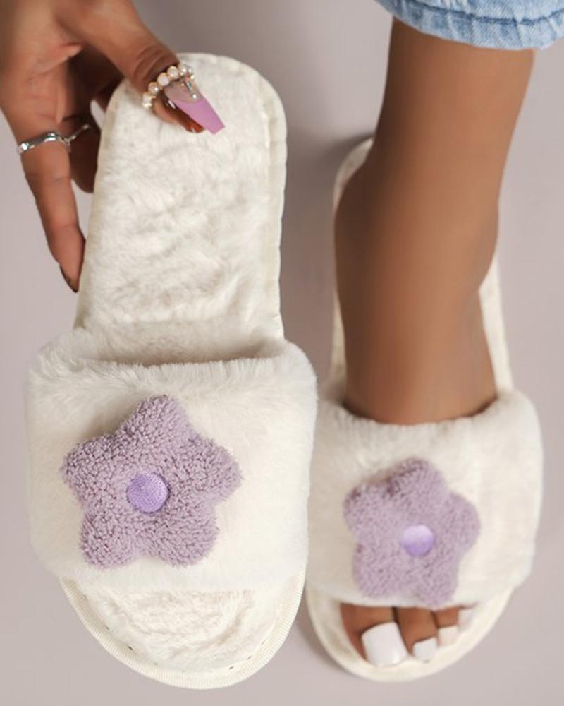 

Floral Pattern Fuzzy Slippers, Beige
