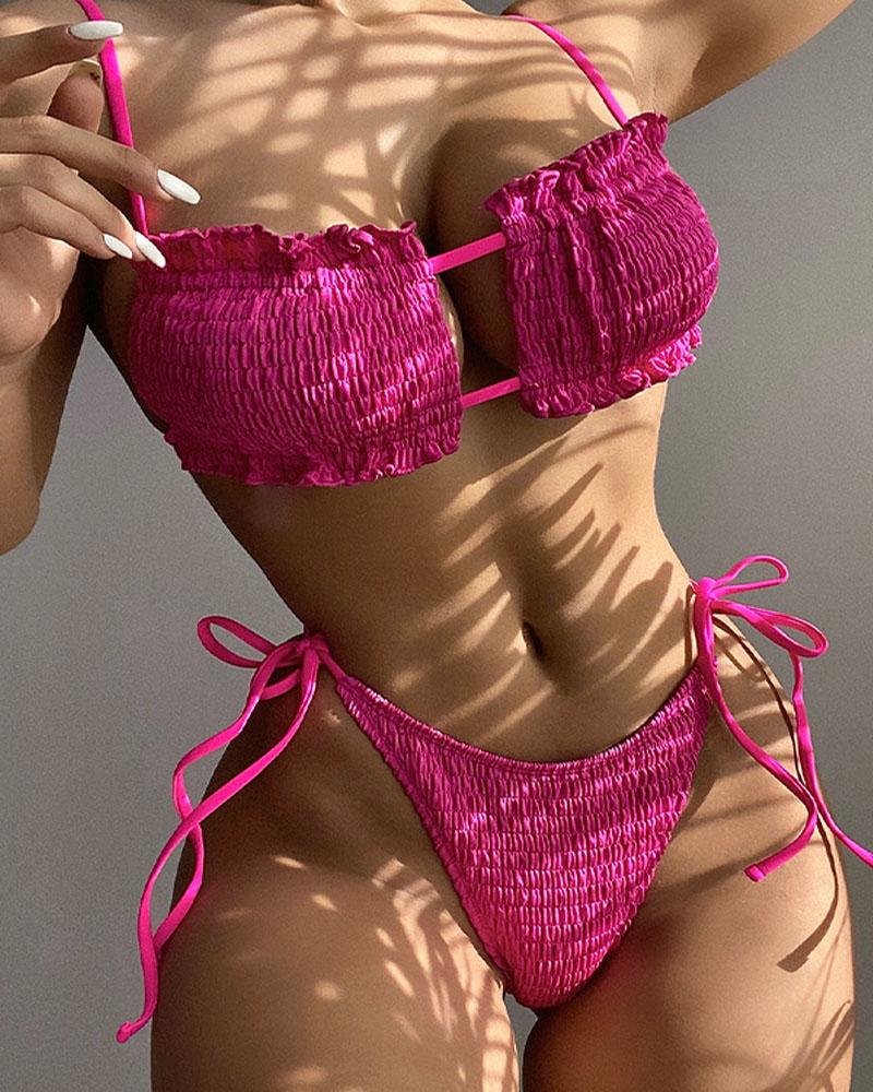 

Tied Detail Cutout Frill Hem Textured Bikini Set, Hot pink