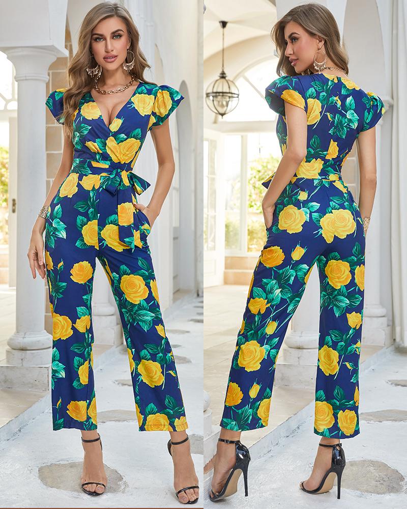 

Floral Print Flutter Sleeve Jumpsuit With Belt, Purplish blue