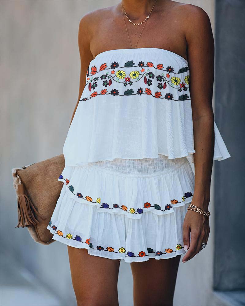 

Floral Print Bandeau Layered Ruffles Romper, White