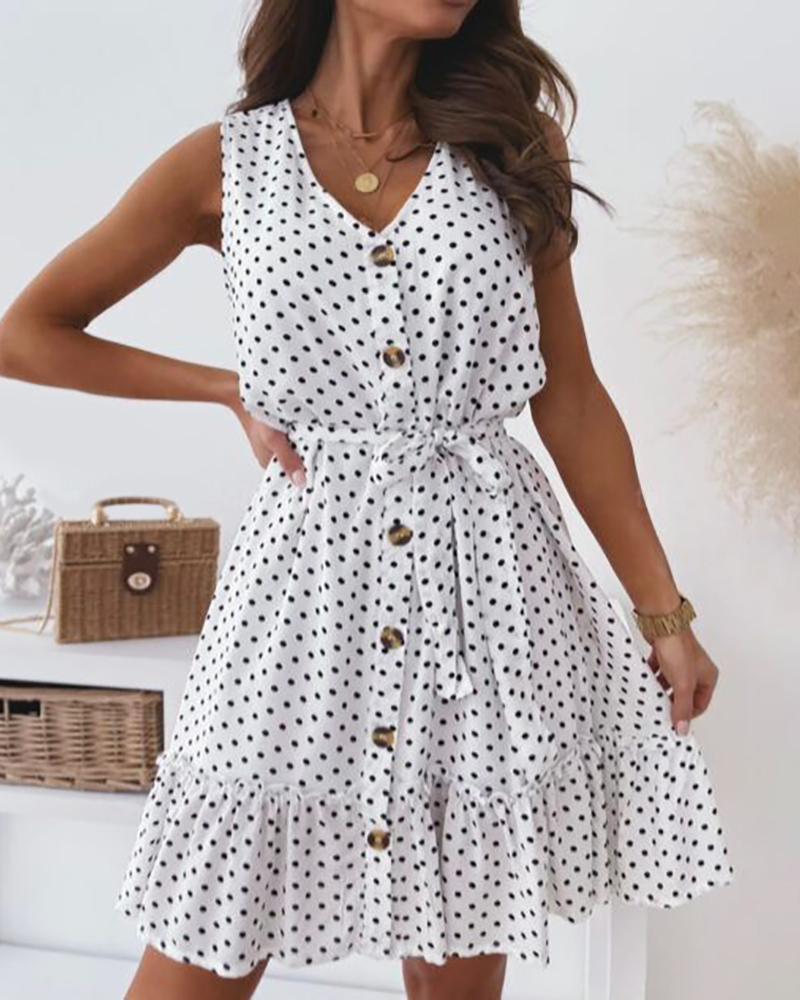 

Polka Dot Print Sleeveless Button Front Lace Up Ruched Dress, White