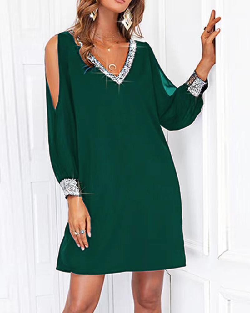 

Contrast Sequin Cold Shoulder Casual Dress, Green