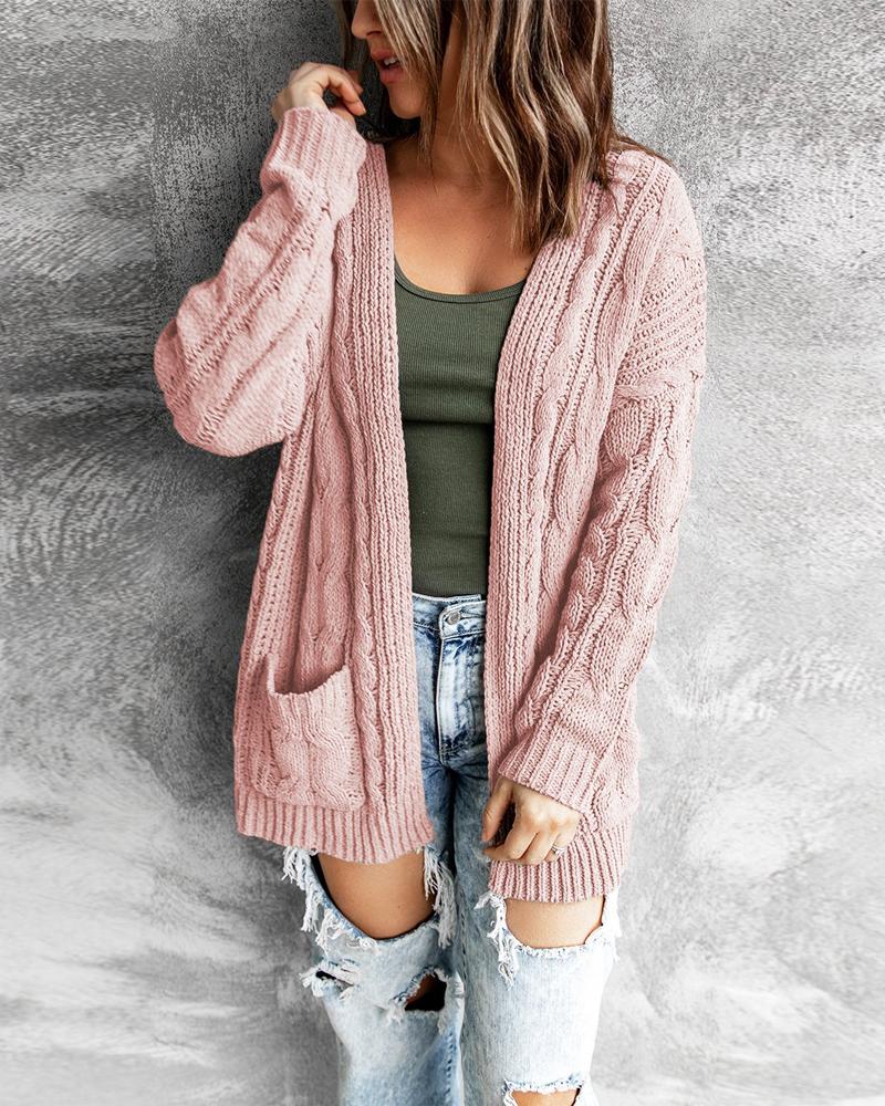 

Long Sleeve Cable Knit Open Front Cardigan, Pink