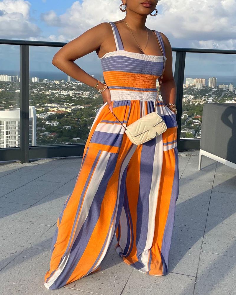 

Shirred Striped Colorblock Frill Hem Jumpsuit, Orange