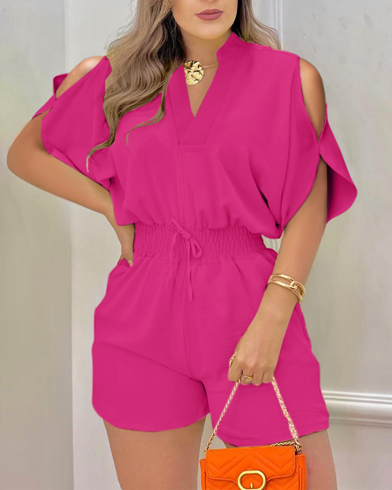 

Cold Shoulder Drawstring Shirred Romper, Hot pink