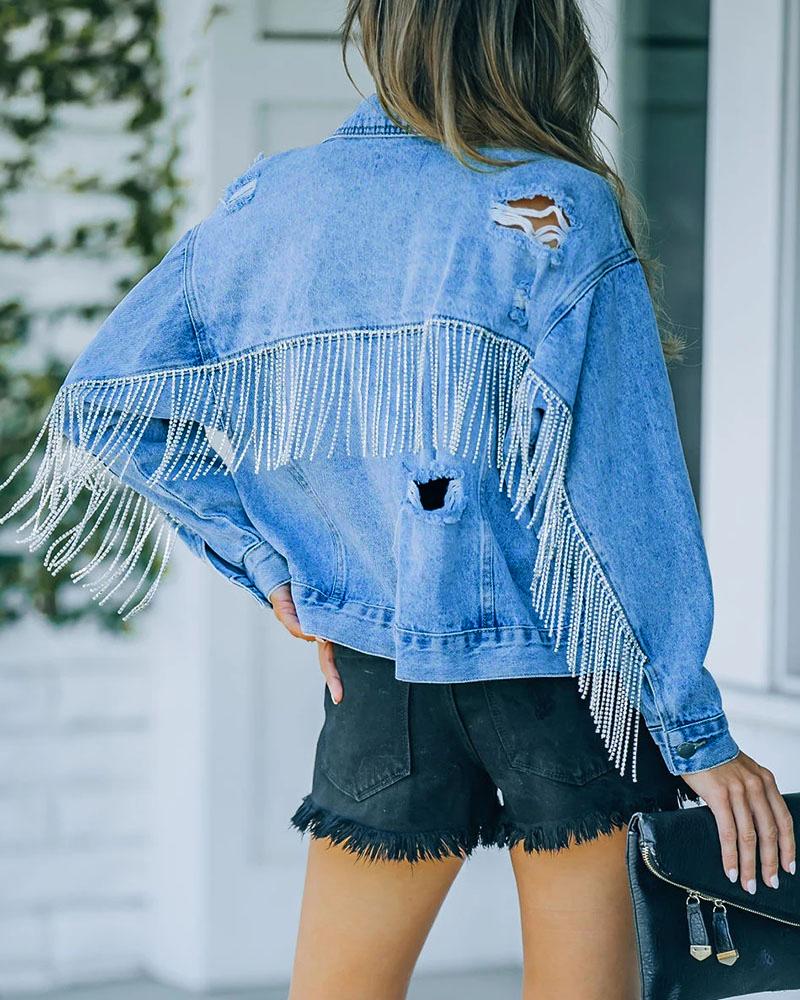 

Ripped Rhinestone Tassel Pocket Design Denim Coat, Blue