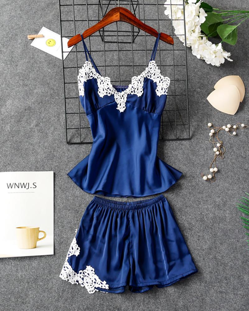 

V-neck Crochet Lace Satin Cami Set, Dark blue