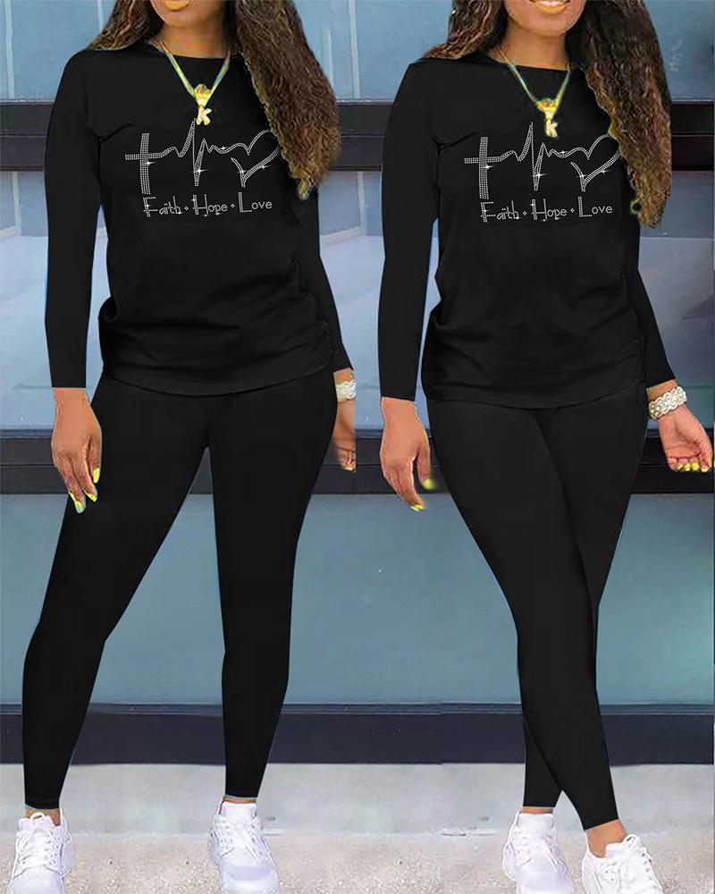 

Rhinestone Letter Heart Pattern Casual Top & Pants Set, Black