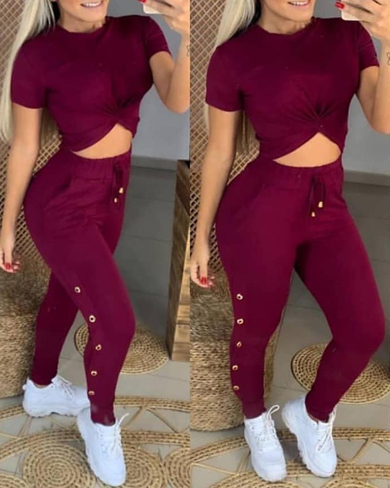 

Plain Top & Drawstring Button Design Pants Set, Dark red