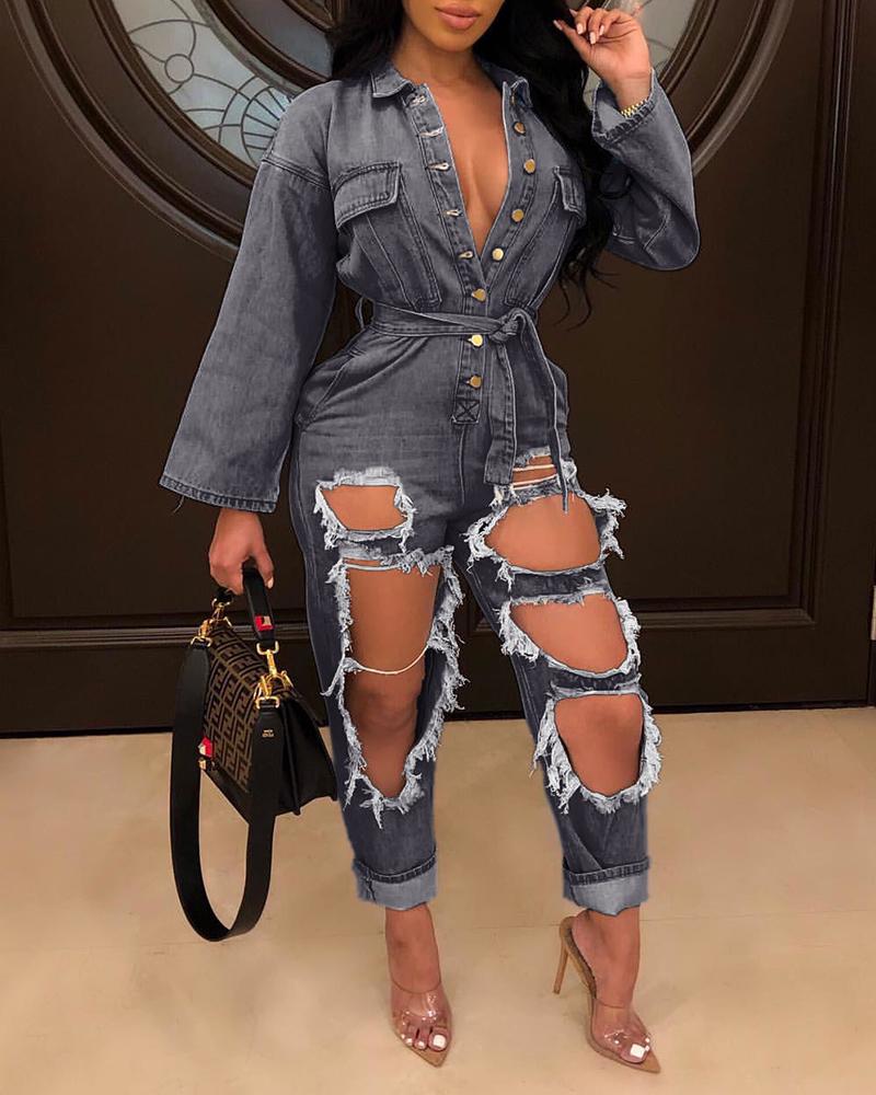 

Distressed Holey Buttoned Denim Jumpsuit, Gray
