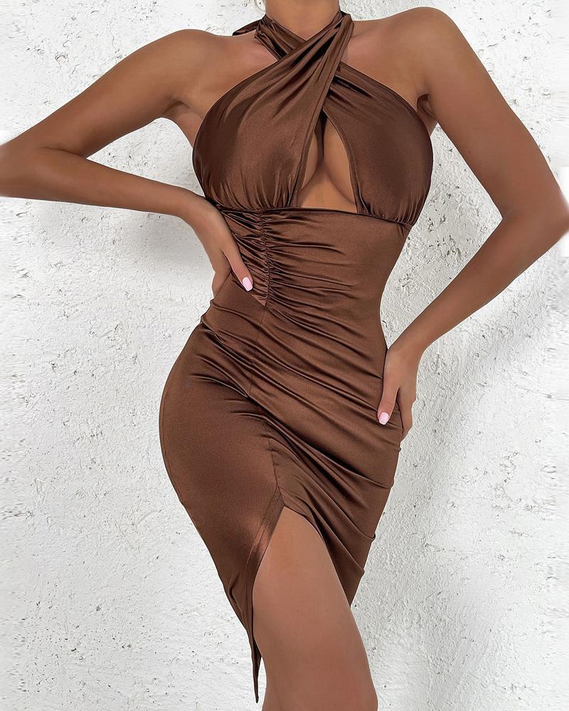 

Crisscross Halter Backless Ruched Bodycon Dress, Brown