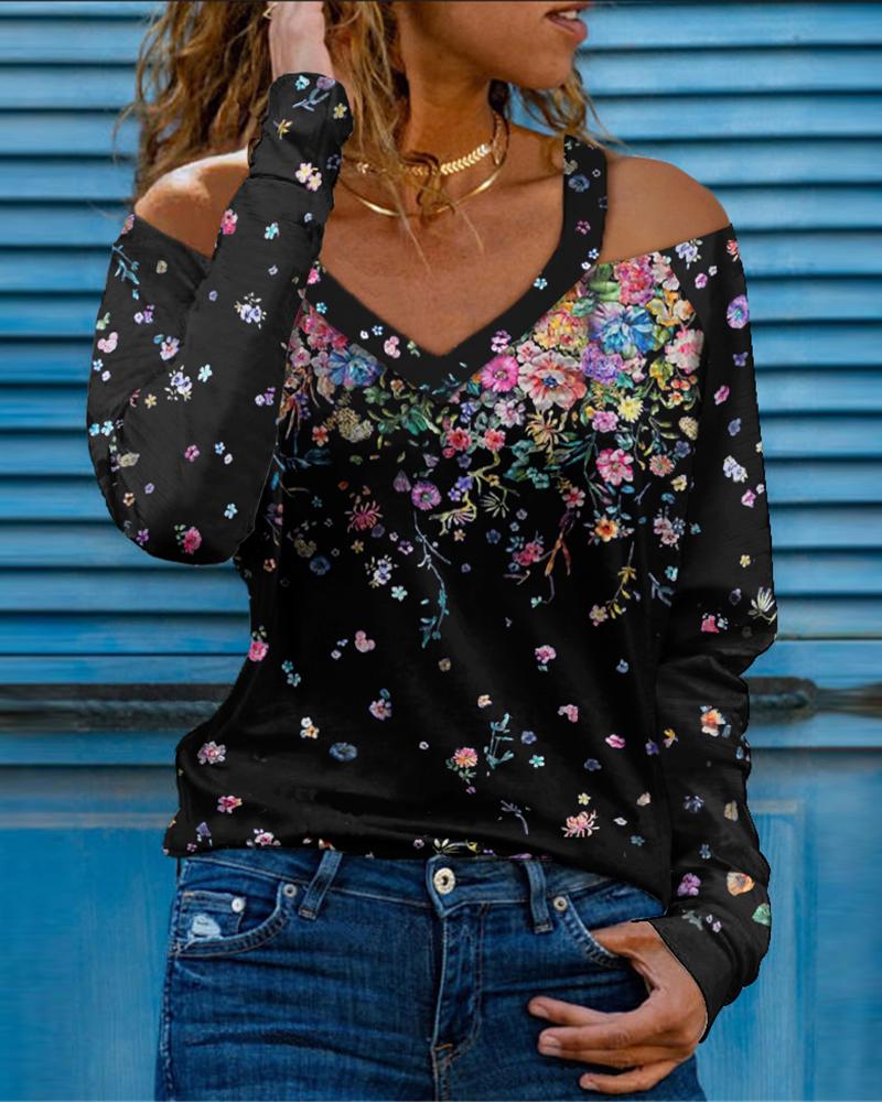 

Floral Print Long Sleeve Cold Shoulder Top, Black