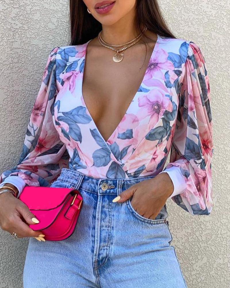 

Floral Print Puff Lantern Sleeve Top, Pink