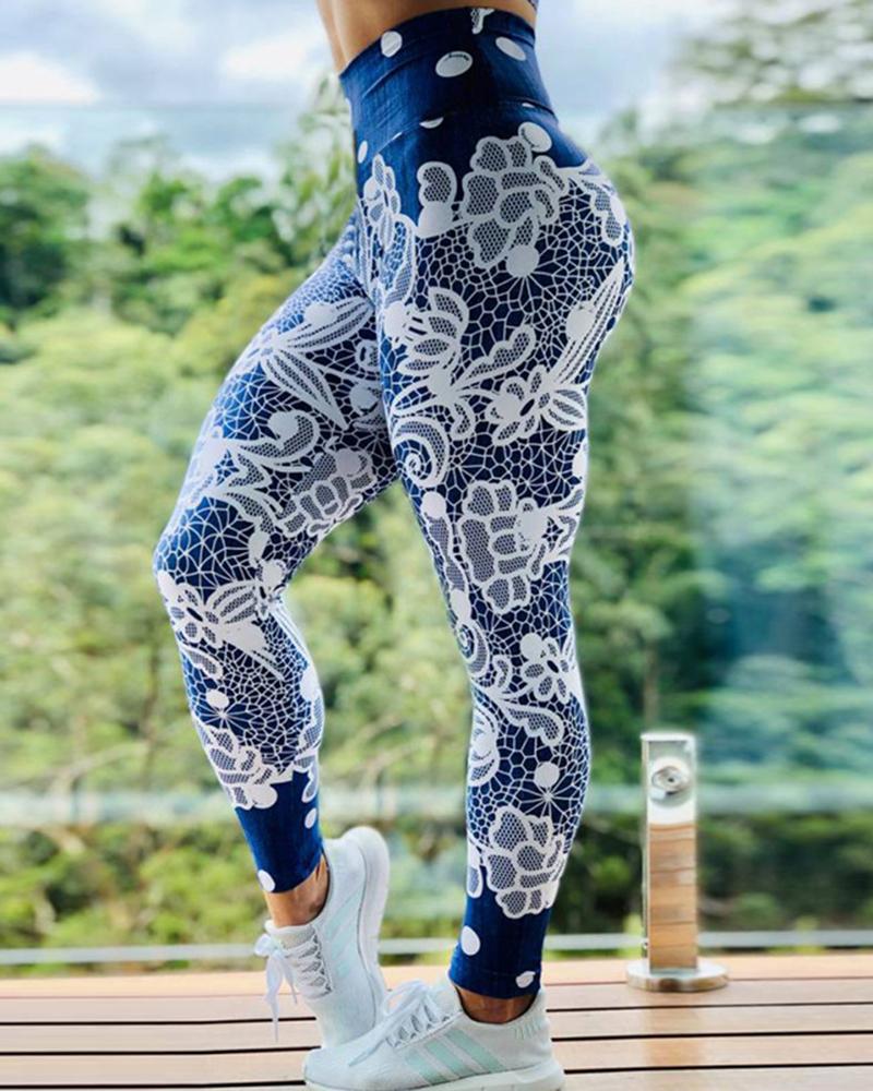 

Floral Print Skinny High Elastic Pants Active Pants, Blue