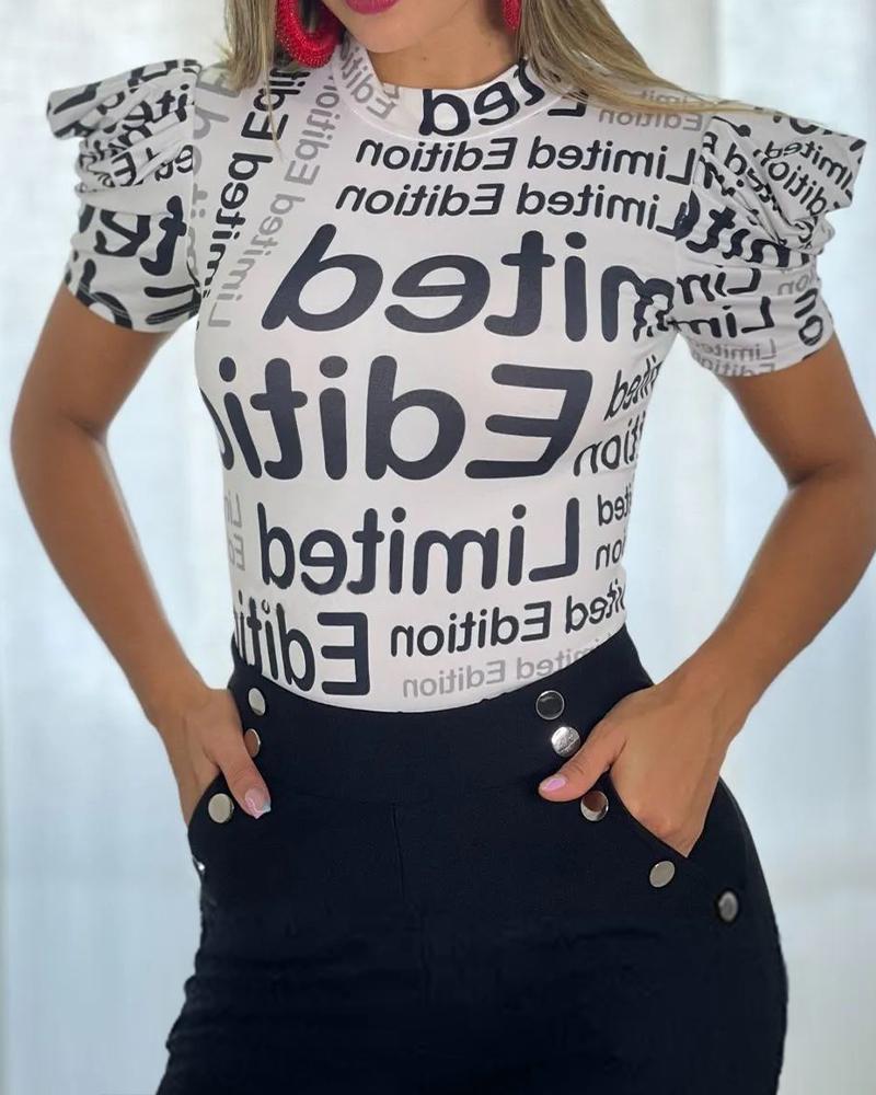 

Letter Print Puff Sleeve T-shirt, Blackwhite