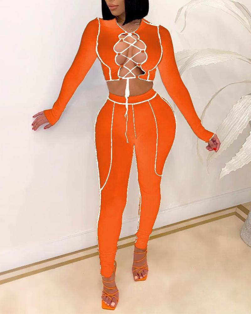 

Solid Color Hollow Long Sleeve Pants Sets, Orange