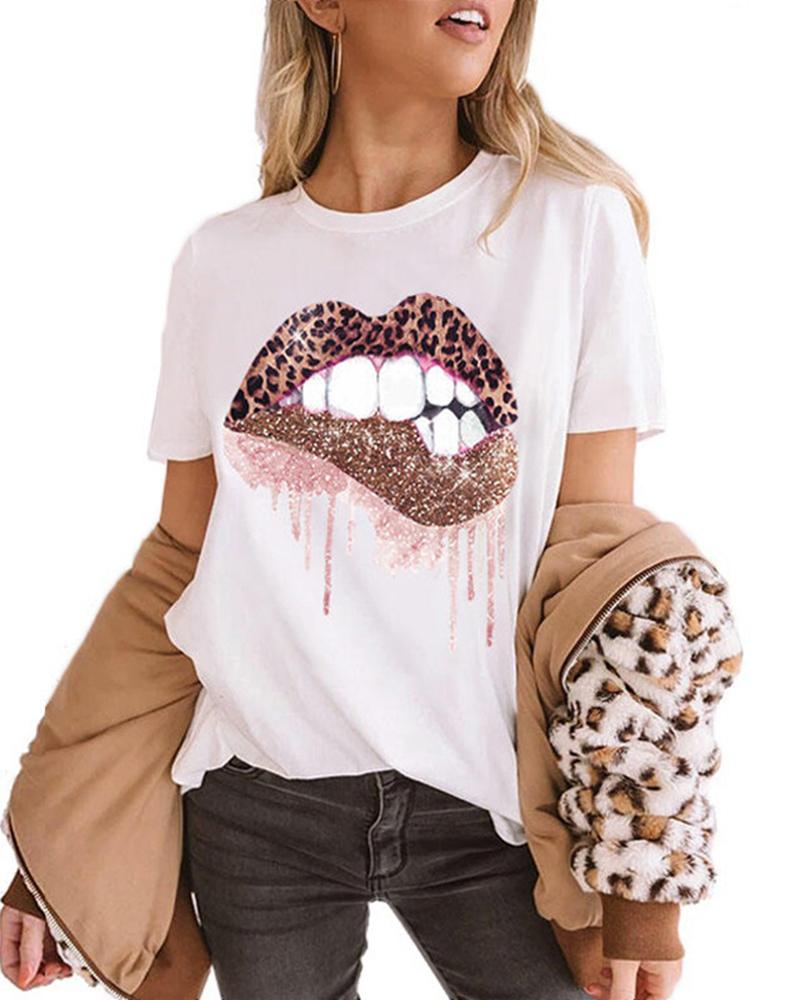 

Women' Graphic Tee Leopard Lip Print Casual T-shirt, White