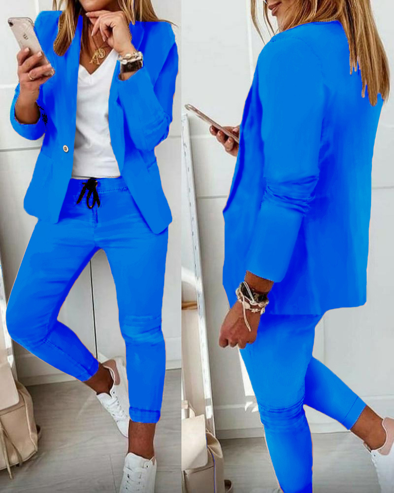 

Lapel Neck Blazer Coat & Drawstring Pants Set, Blue