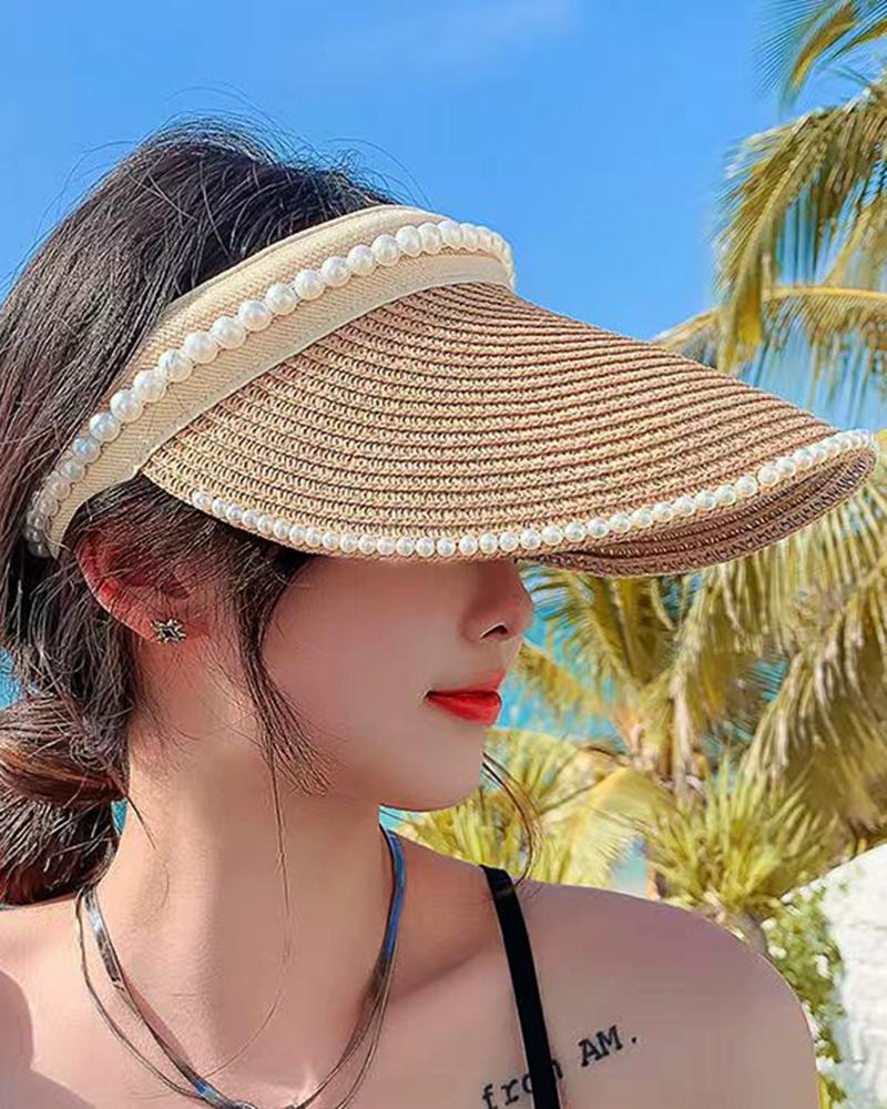 

Pearls Decor Sun Visor Beach Straw Cap, Beige