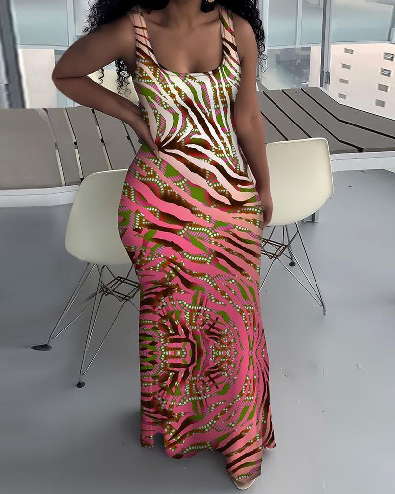 

Abstract Print U-Neck Maxi Dress, Pink
