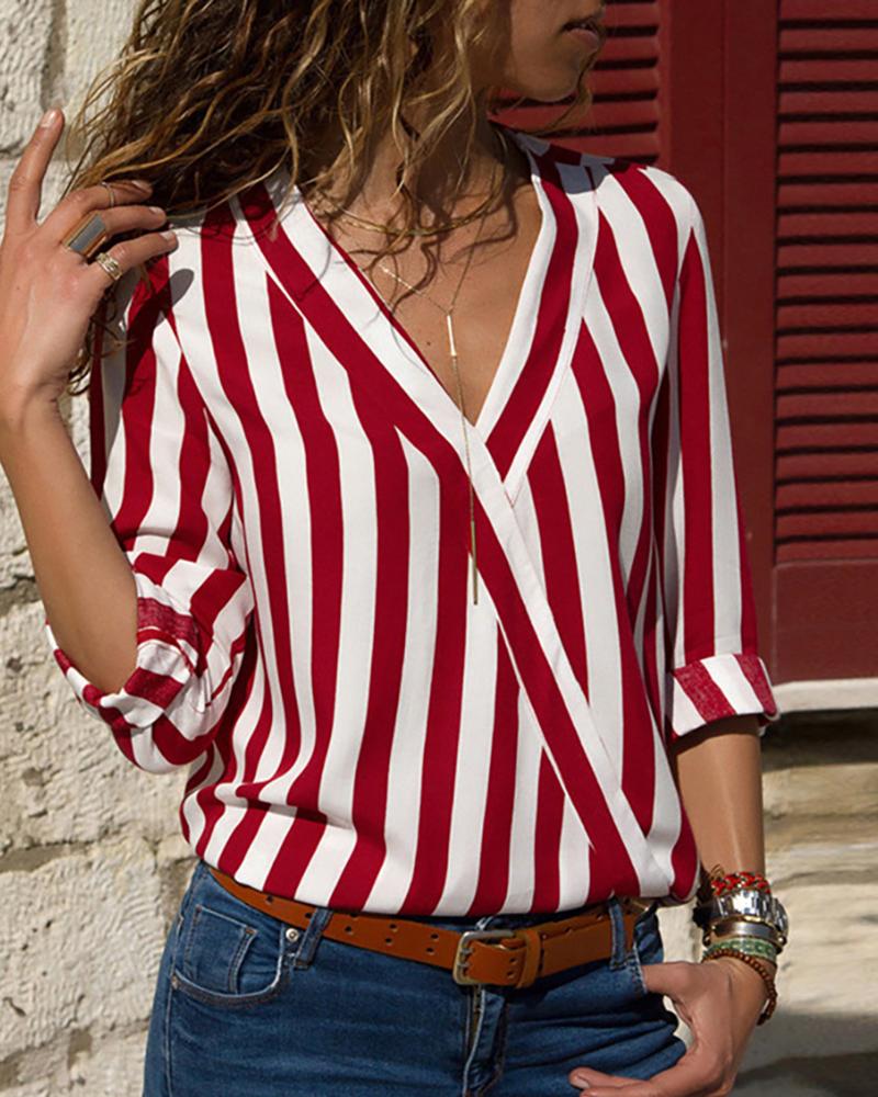 

Long Sleeve V Neck Striped Women Blouse, Red