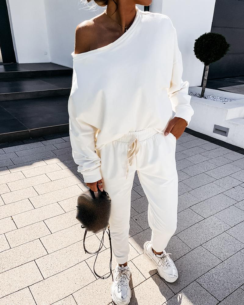 

Long Sleeve Top & Drawstring Pants Set, White