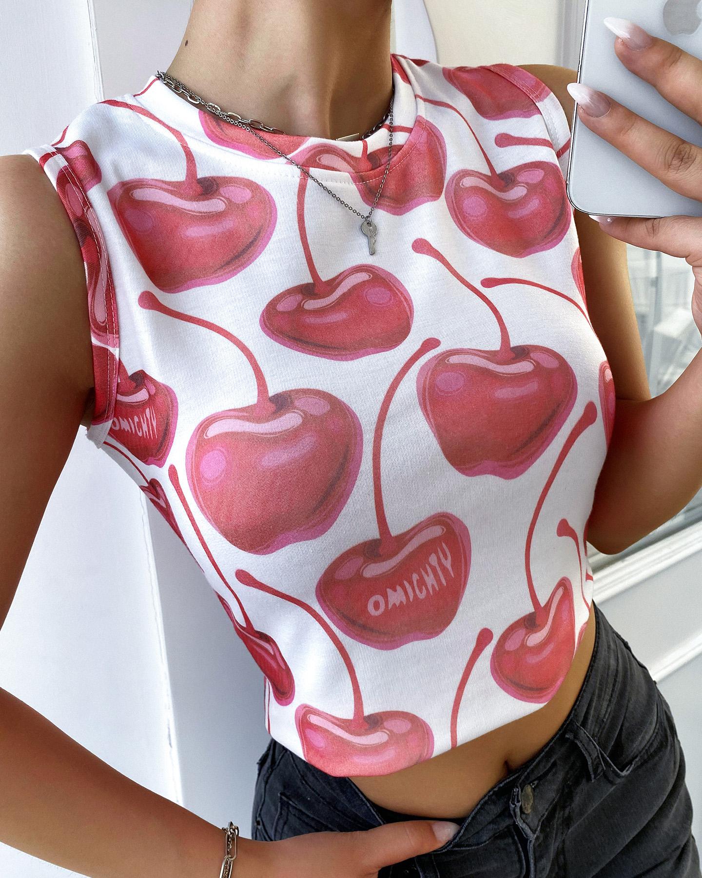 

Cherry Letter Print Sleeveless Crop Top, Red